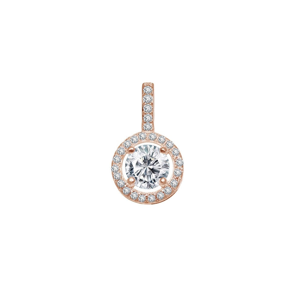 Sterling silver rose gold plated round CZ with halo setting pendant