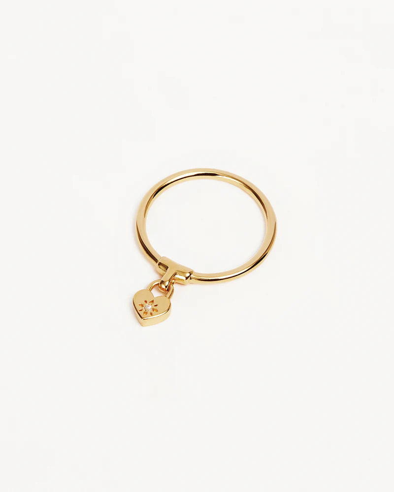 18k Gold Vermeil Crystal Lotus Heart Padlock Ring