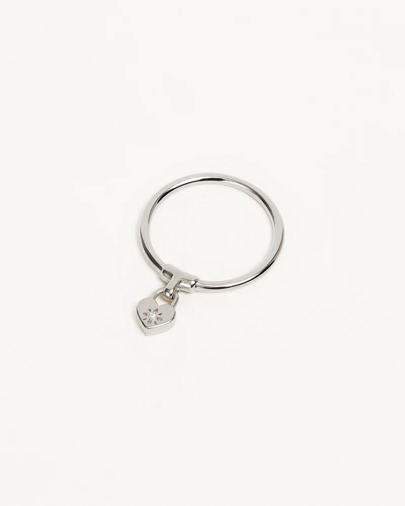 Sterling Silver Crystal Lotus Heart Padlock Ring