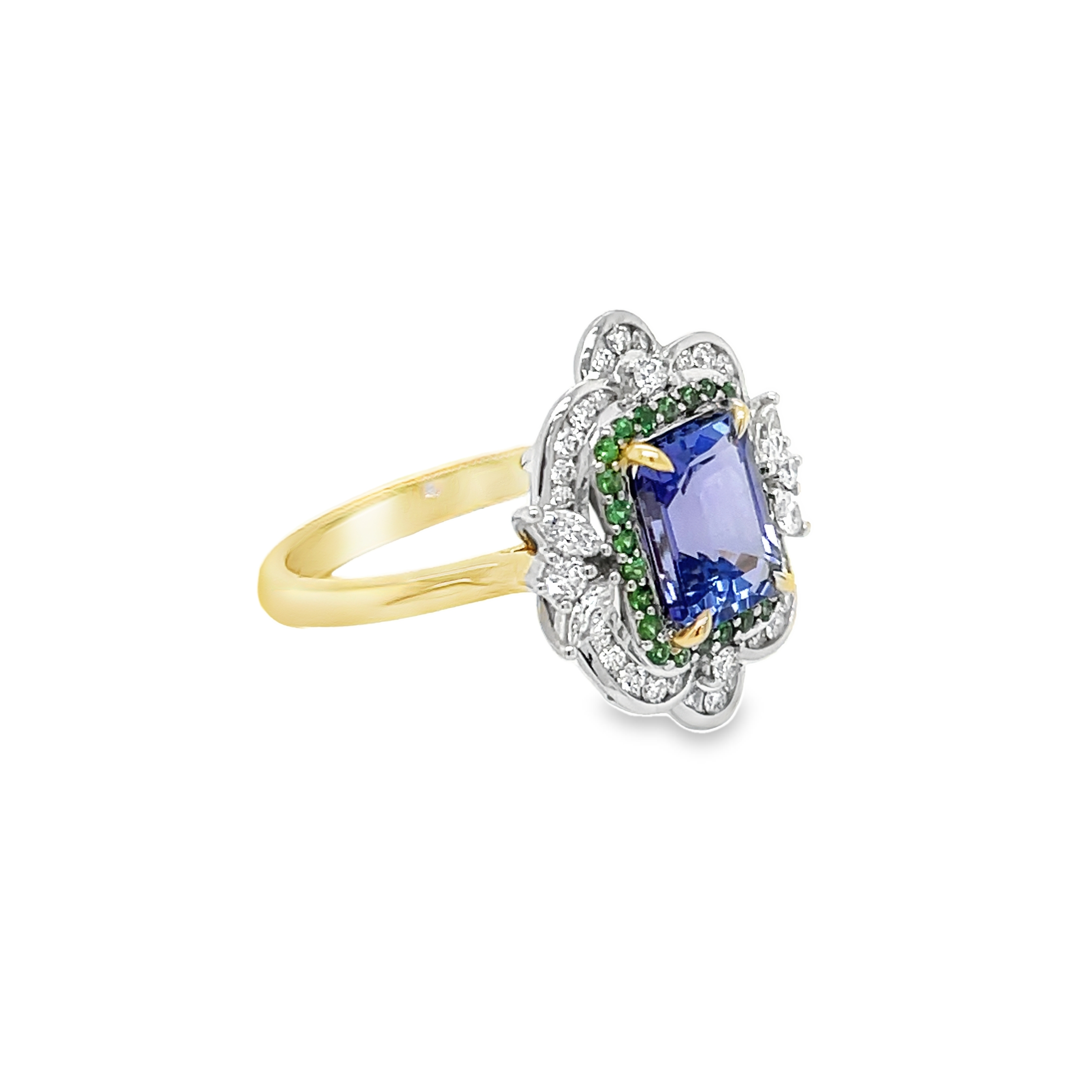 9ct Yellow and White Gold Tanzanite, Green Tsavorite and Diamond Ring