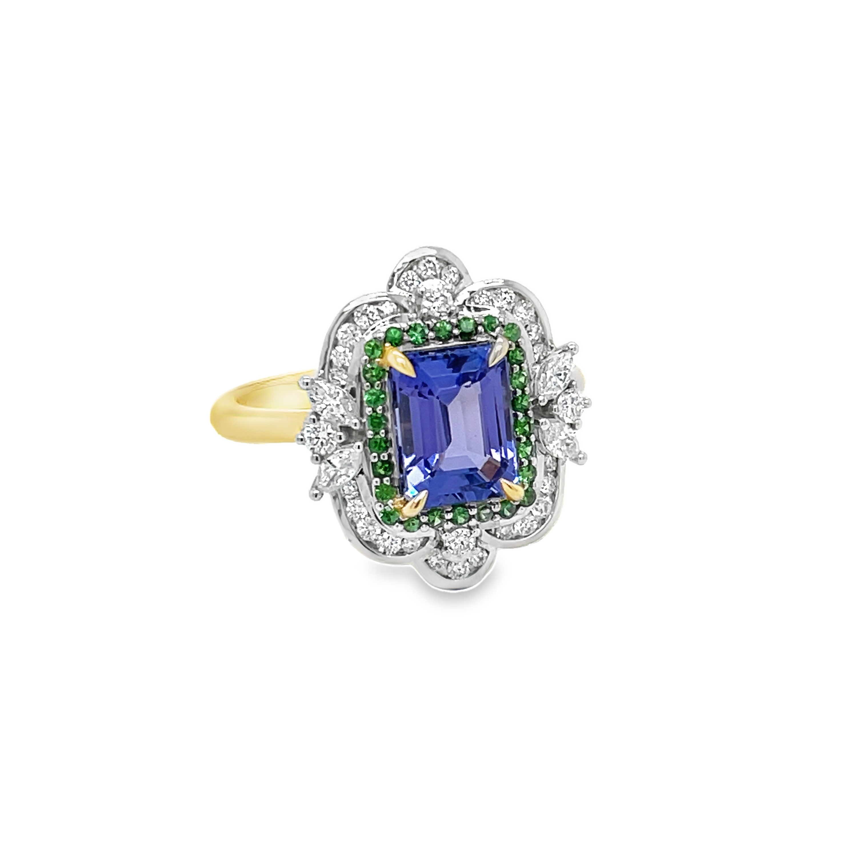 9ct Yellow and White Gold Tanzanite, Green Tsavorite and Diamond Ring