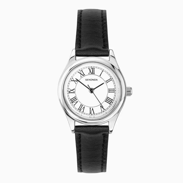 Sekonda Evans Ladies Watch | Silver Alloy Case & Black Leather Strap with White Dial