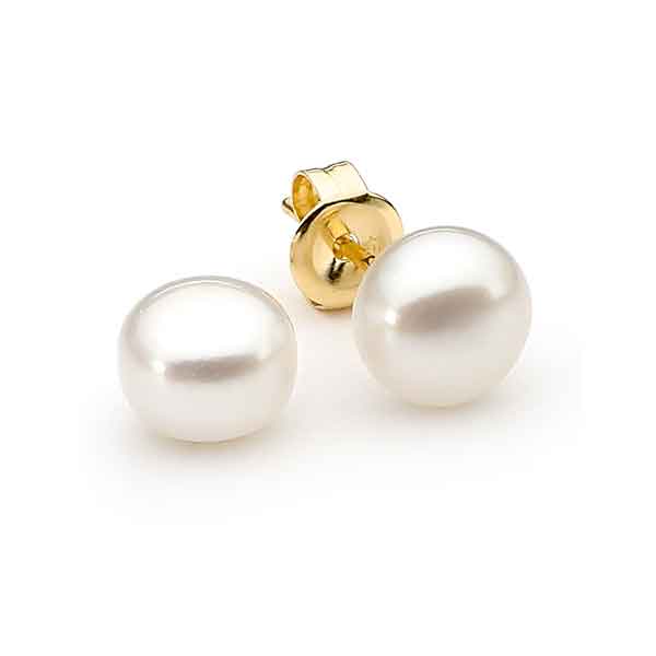 9ct Yellow Gold White Button Freshwater Pearl Studs