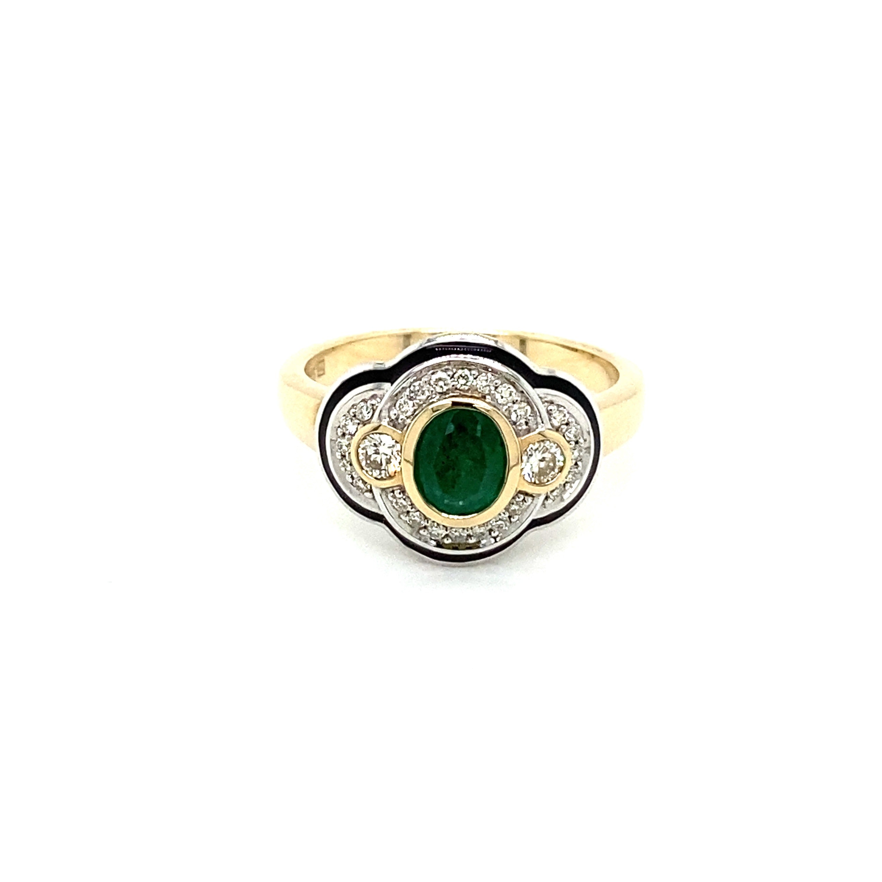 9ct Two Tone Yellow and White Emerald and Diamond Ring