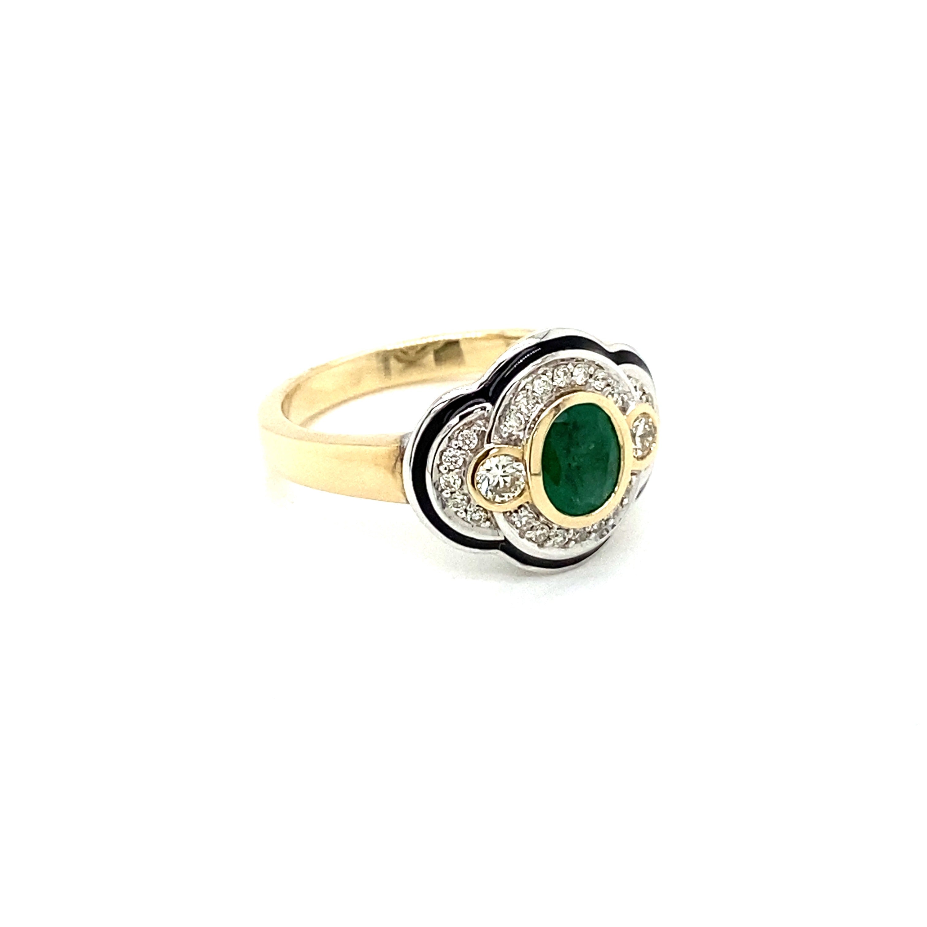 9ct Two Tone Yellow and White Emerald and Diamond Ring