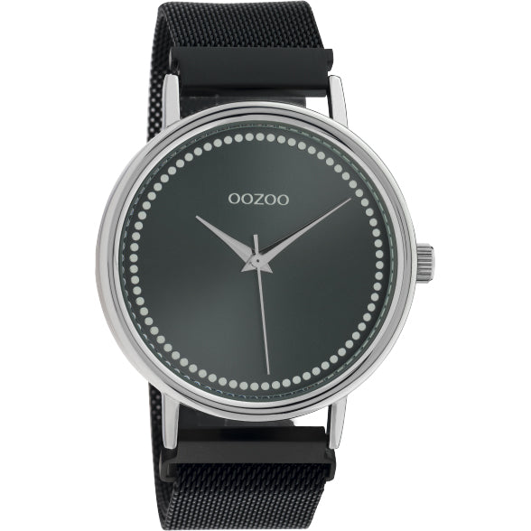 OOZOO 40mm Black Silver Mesh Watch