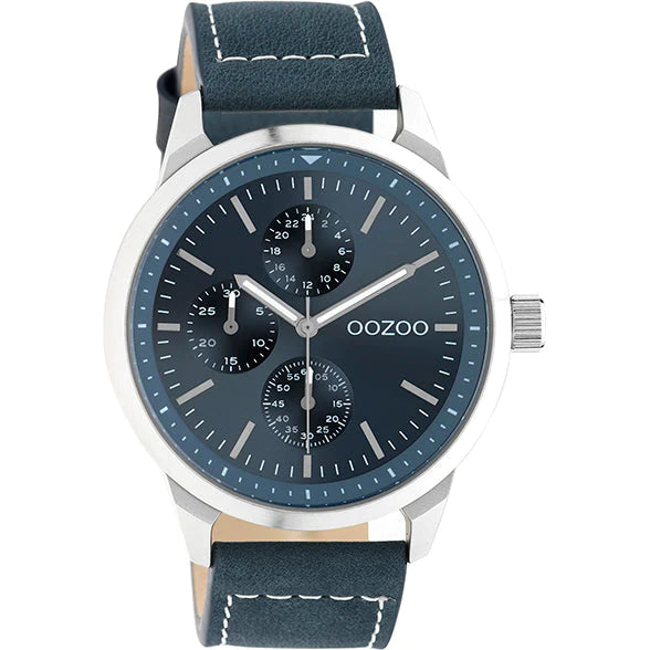 OOZOO 45mm Mens Chronograph Navy Blue Leather Watch