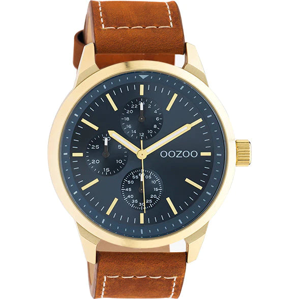 OOZOO 45mm Mens Chronograph Brown and Navy Blue Leather Watch