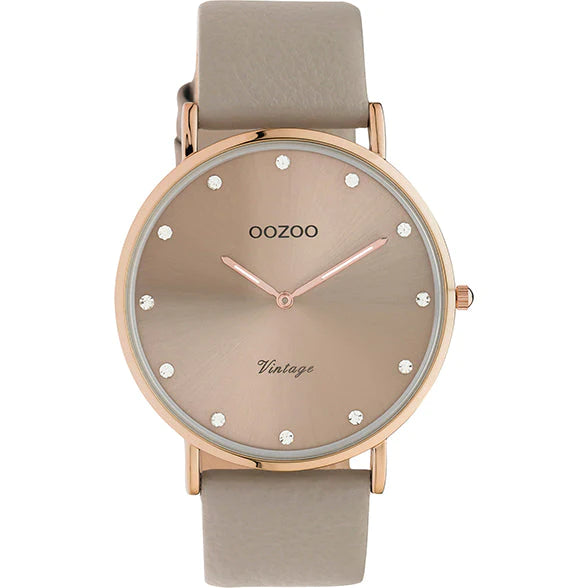 OOZOO 40mm Ladies Taupe Rose Gold Leather Watch