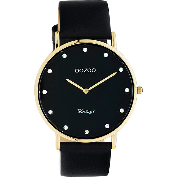 OOZOO 40mm Ladies Black and Yellow Gold Leather Watch
