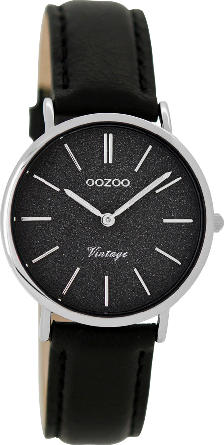 OOZOO 32mm Vintage Style Black Glitter Leather Watch
