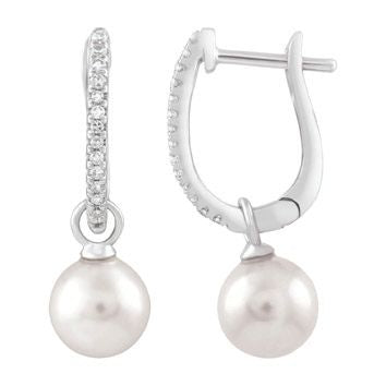 9ct White Gold 0.08ct Diamond and Freshwater Pearl Drop Earrings