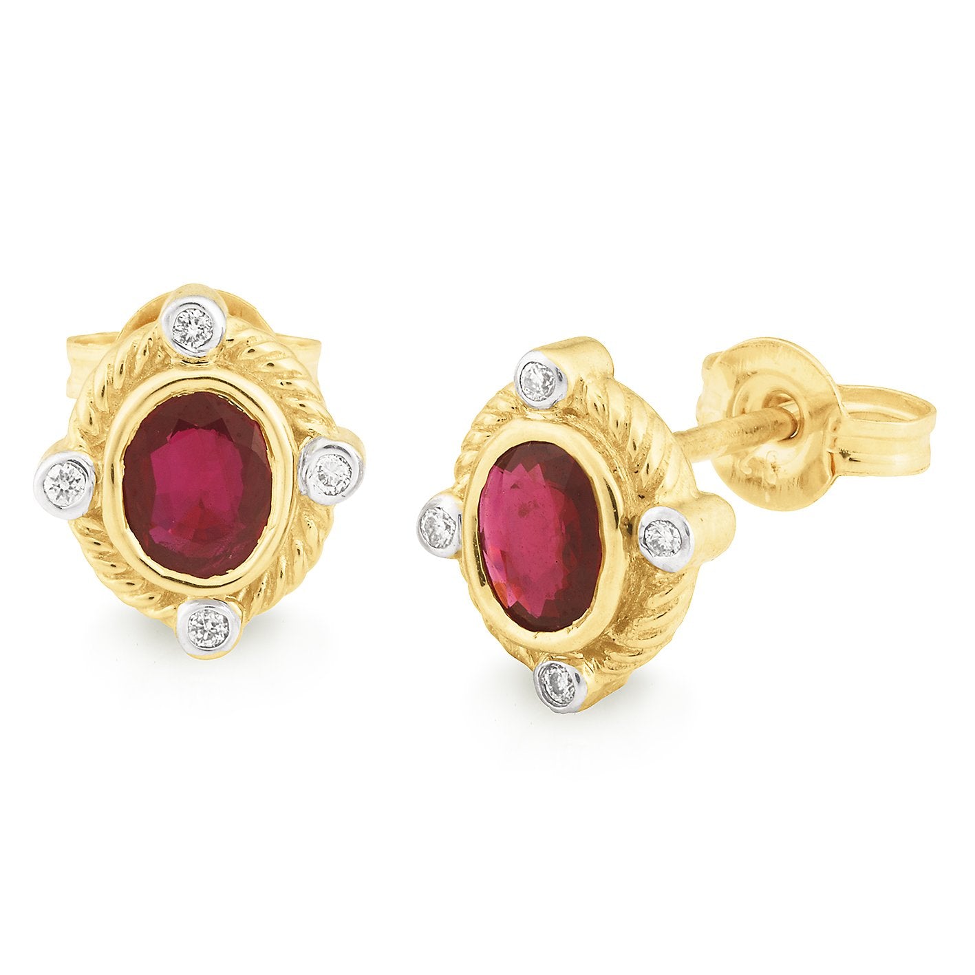 Ruby & Diamond Bezel Set Stud Earrings in 9ct Yellow Gold