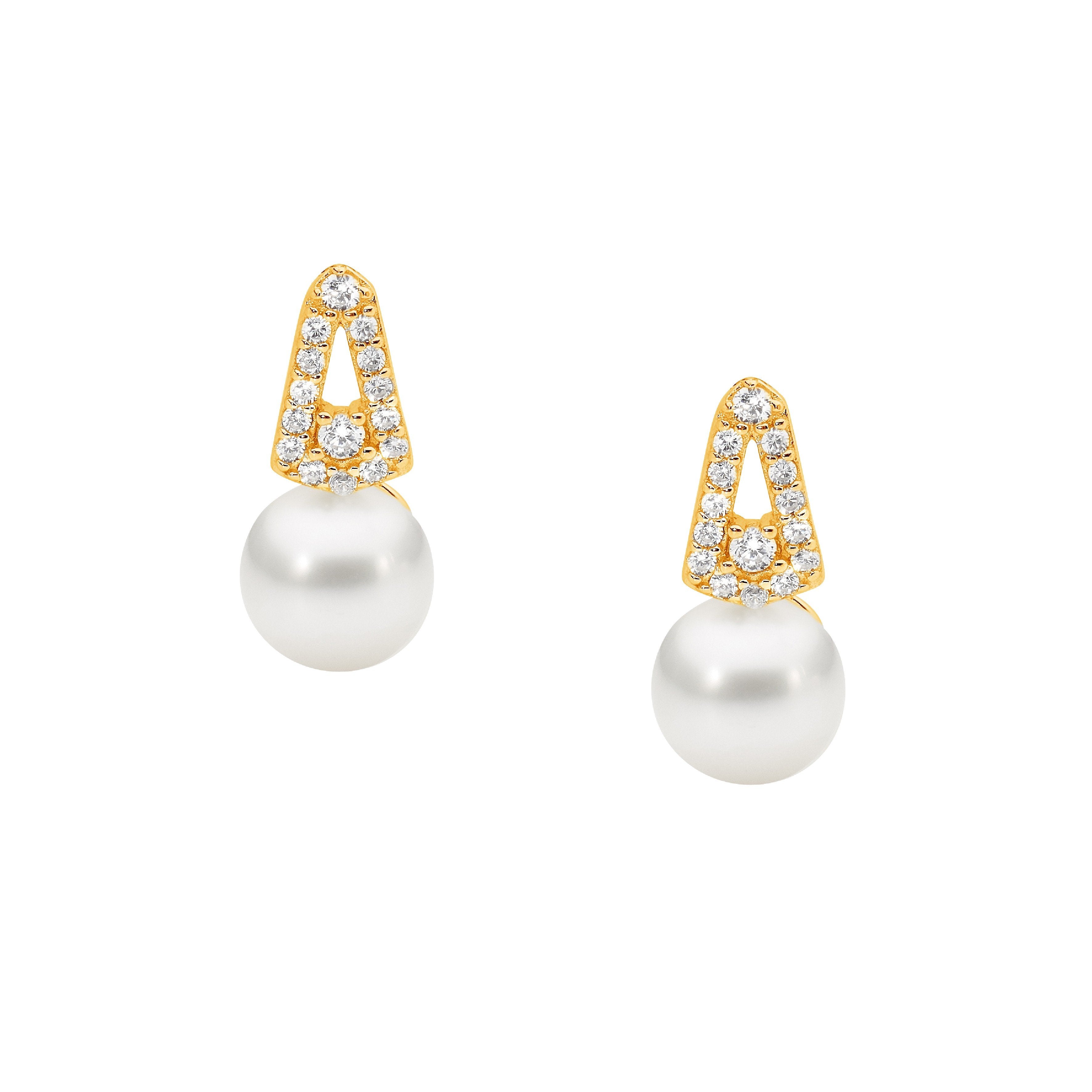 Gold Plated Sterling Silver Cubic Zirconia Freshwater Pearl Stud Earrings