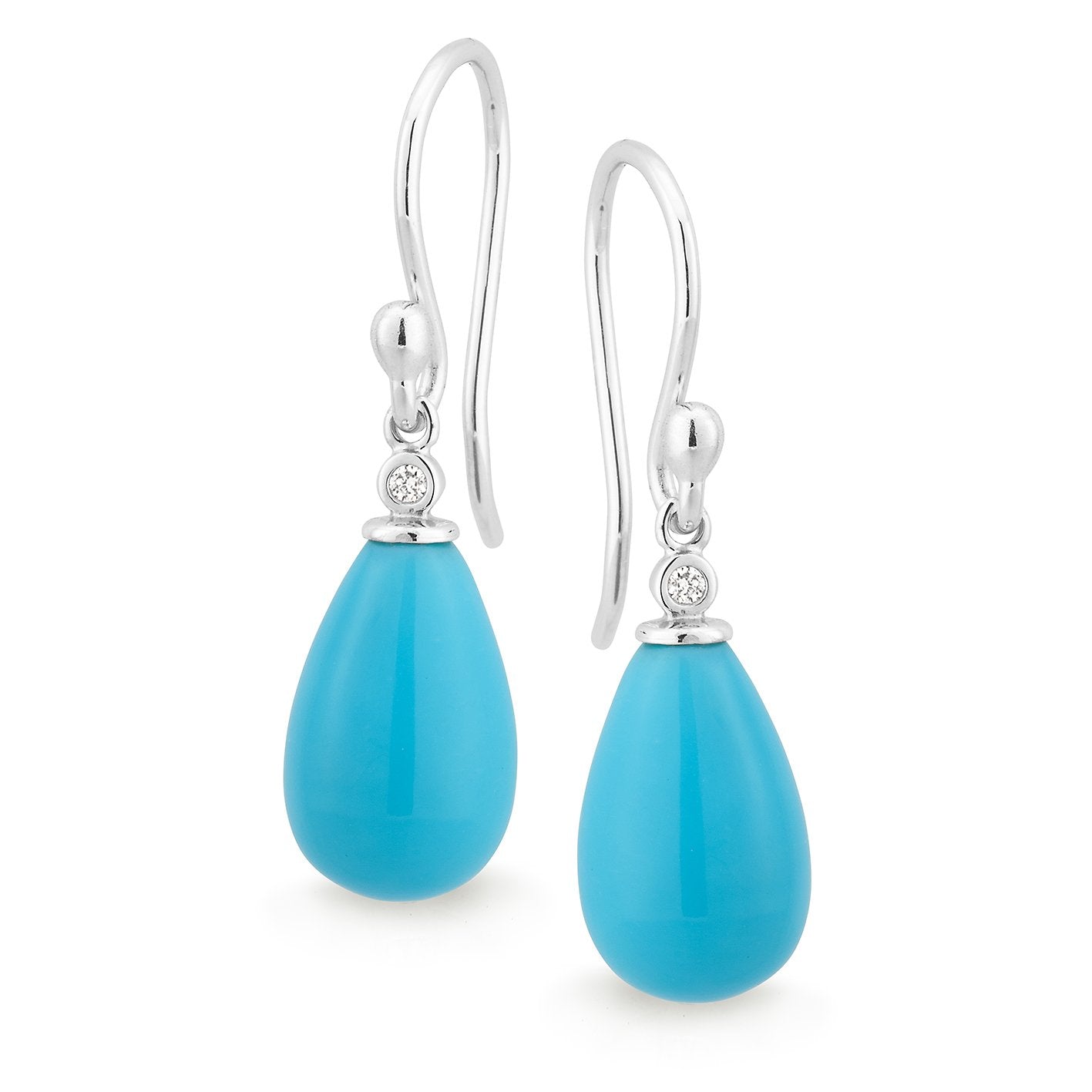 Turquoise Reconstituted & Diamond Drop Shepherd Hook Earrings in 9ct White Gold