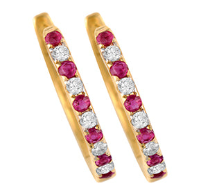 9ct Yellow Gold Ruby and Diamond Claw Set Huggies