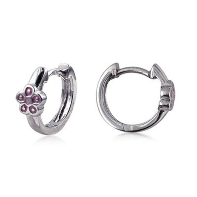 Sterling Silver Pink Enamel Flower Huggies