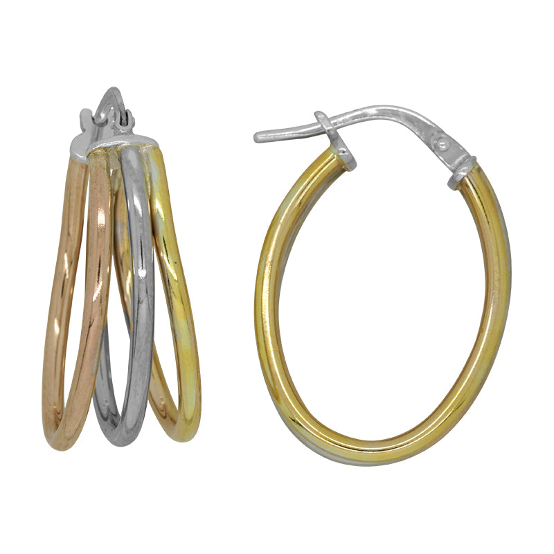 9ct Three Tone Gold and Silver Bonded Hoop Earrings