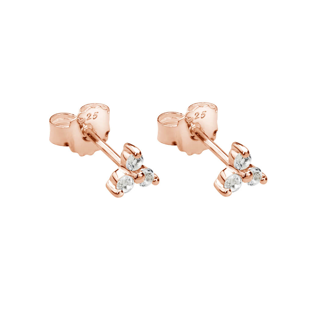 Murkani Trinity Stud Earrings With White Topaz In Rose Gold Plate