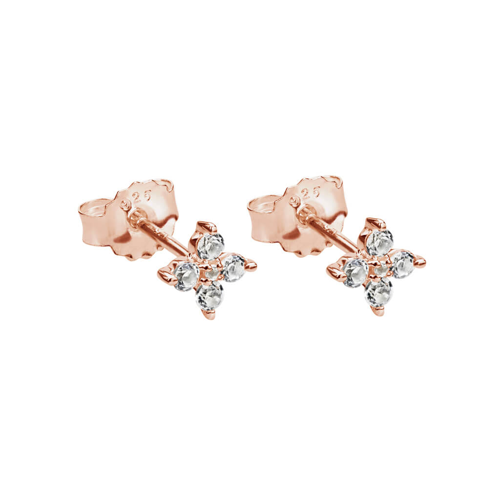 Murkani Clover Studs With White Topaz In Rose Gold Plate