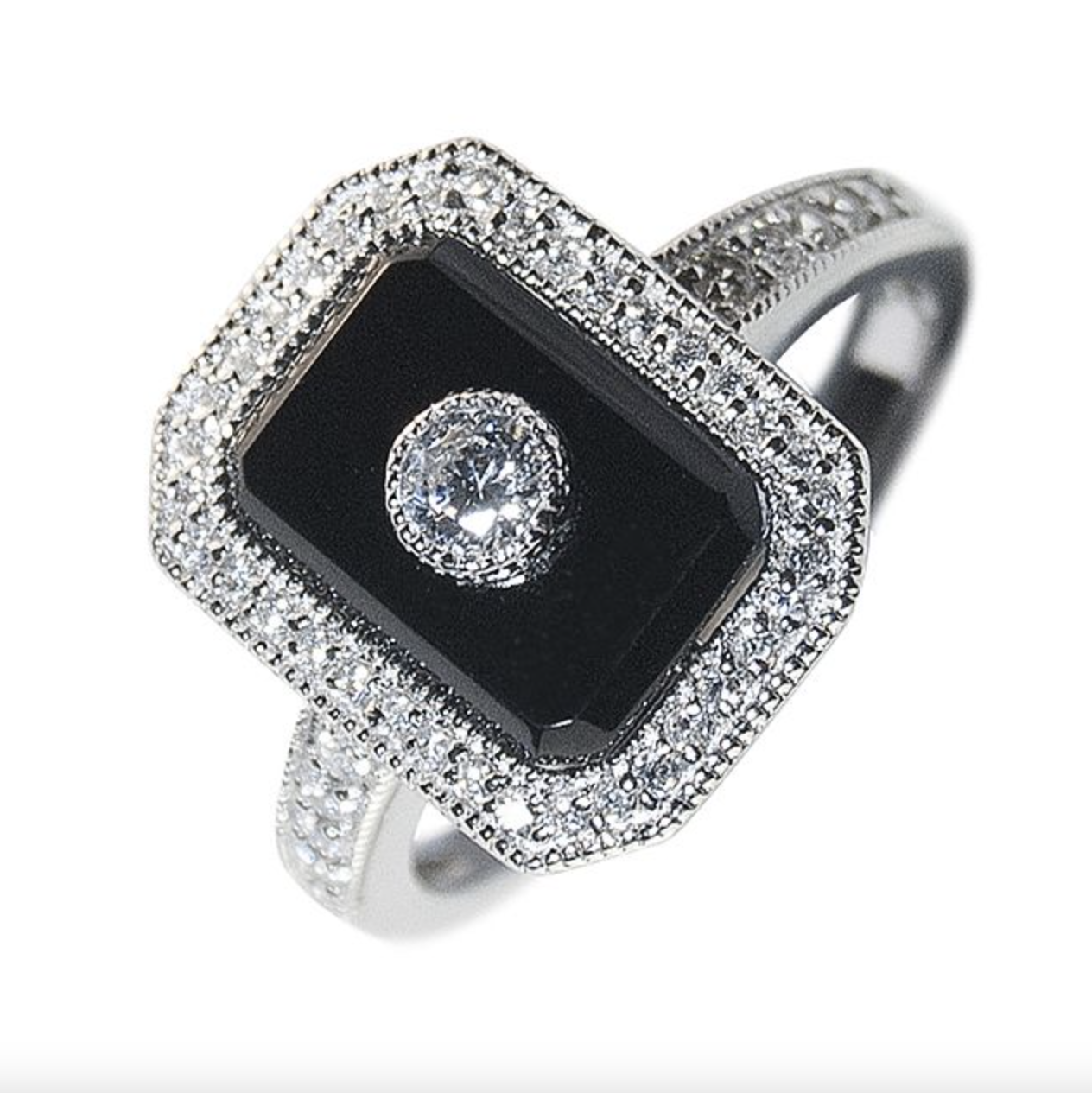 Sterling Silver Black Onyx and Cubic Zirconia Ring