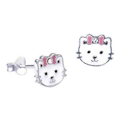 Sterling Silver White Enamel Cat with Pink Bow & Crystal Studs