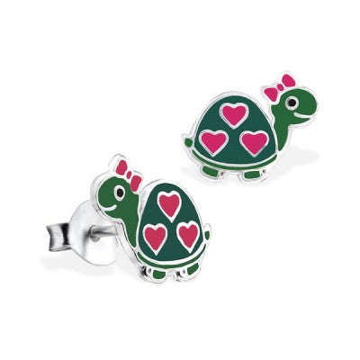 Sterling Silver Green Enamel Turtle with Hearts Stud Earrings