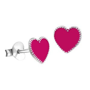 Sterling Silver Hot Pink Enamel Heart Studs