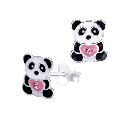 Sterling Silver Enamel Panda with Pink Heart and Crystal Studs