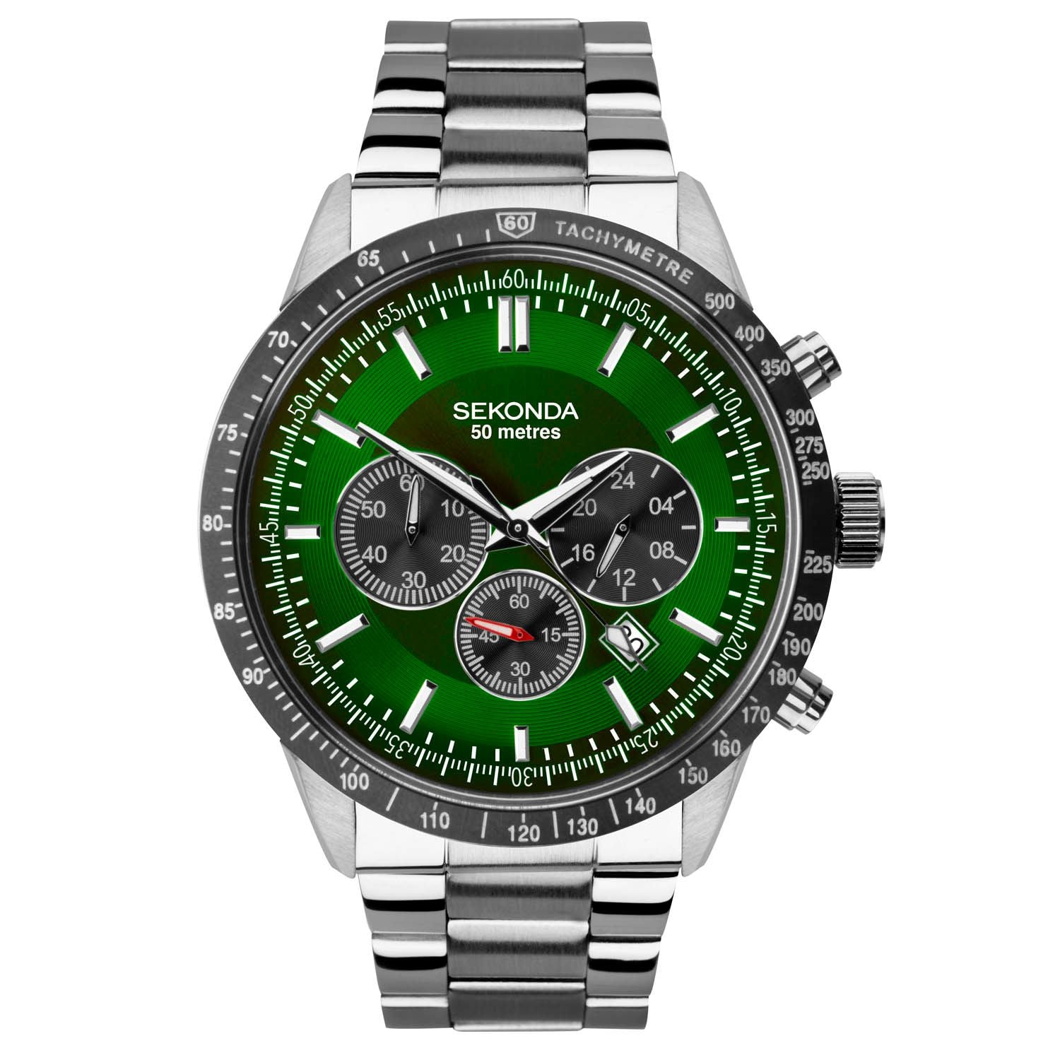 Sekonda Men's Chronograph Watch Silver Case & Stainless Steel Bracelet with Green Dial