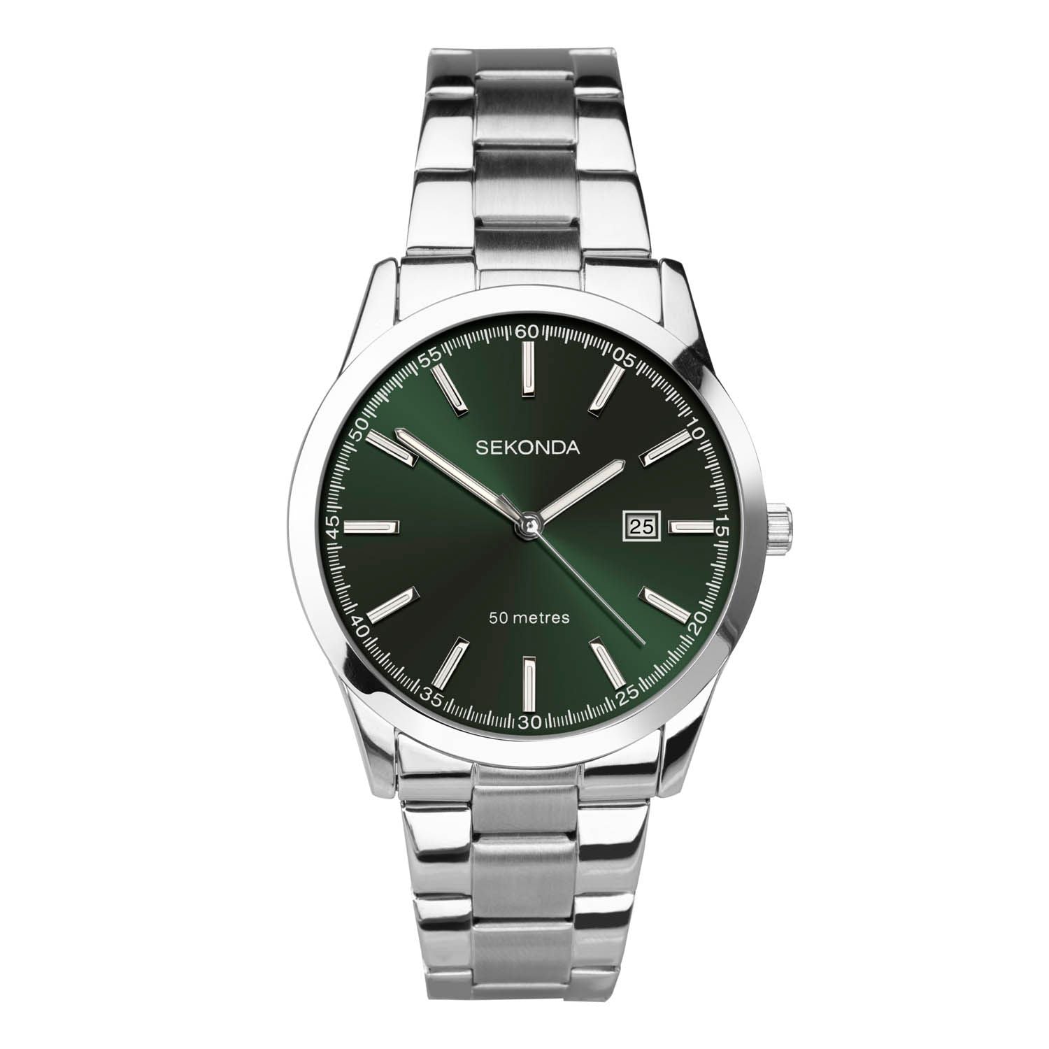 Sekonda Men's Classic Watch Silver Case & Stainless Steel Bracelet with Green Dial