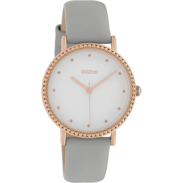 OOZOO Ladies 34mm Stone Grey, White and Rose Gold Leather Watch