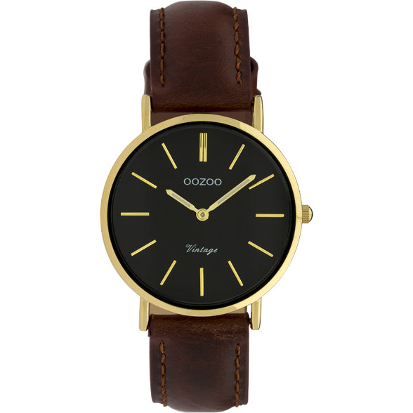 OOZOO 32mm Brown Leather Black Face Watch