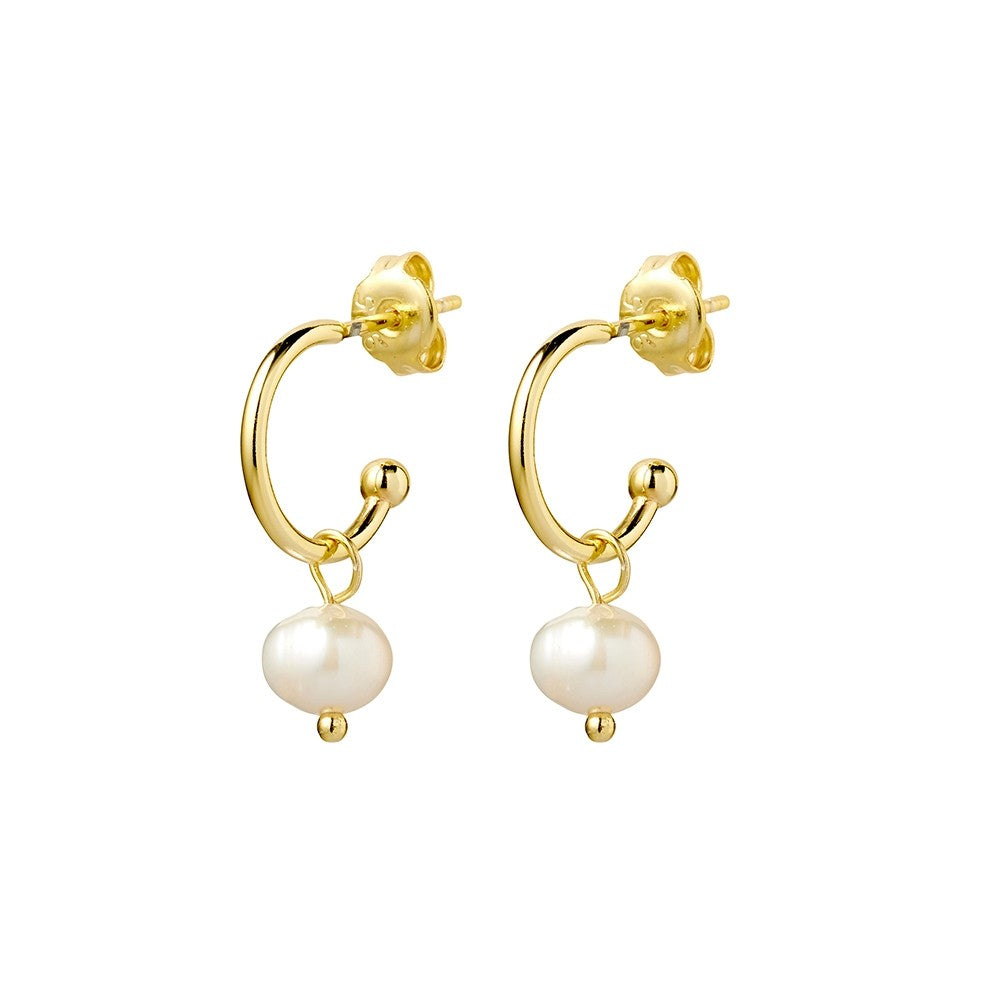 Gold Plate Hoop Pearl Charm Earrings