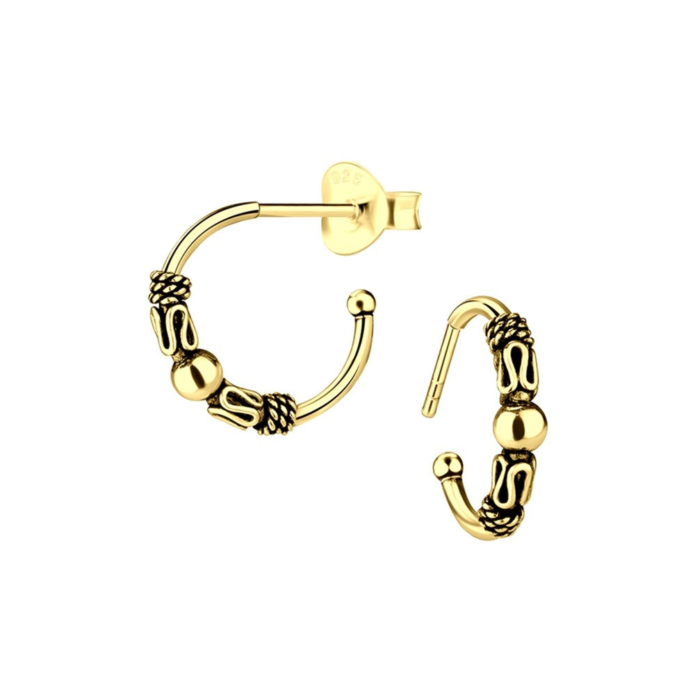 Gold Plated Detailed Oxidised Hoop Earrings