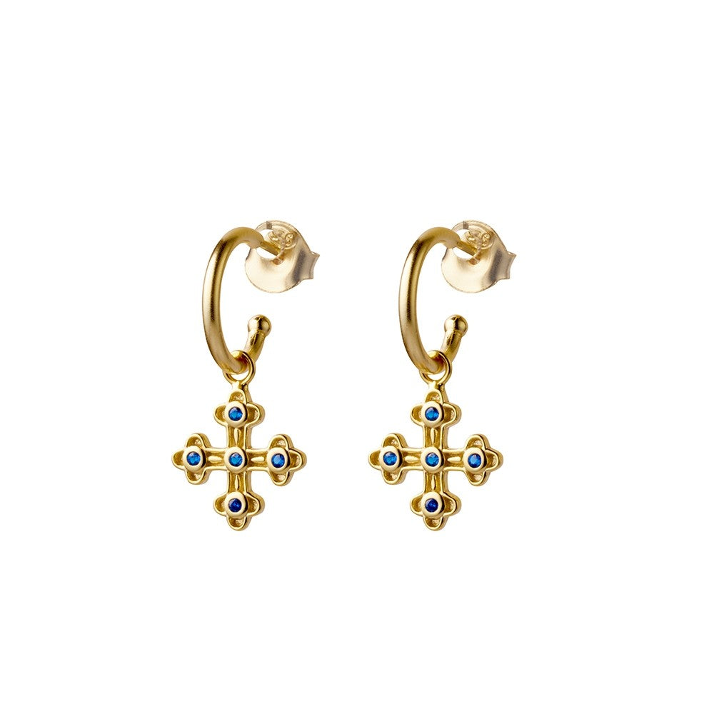 Sterling Silver Yellow Gold Sapphire Cz Blue Cross Charm Earrings