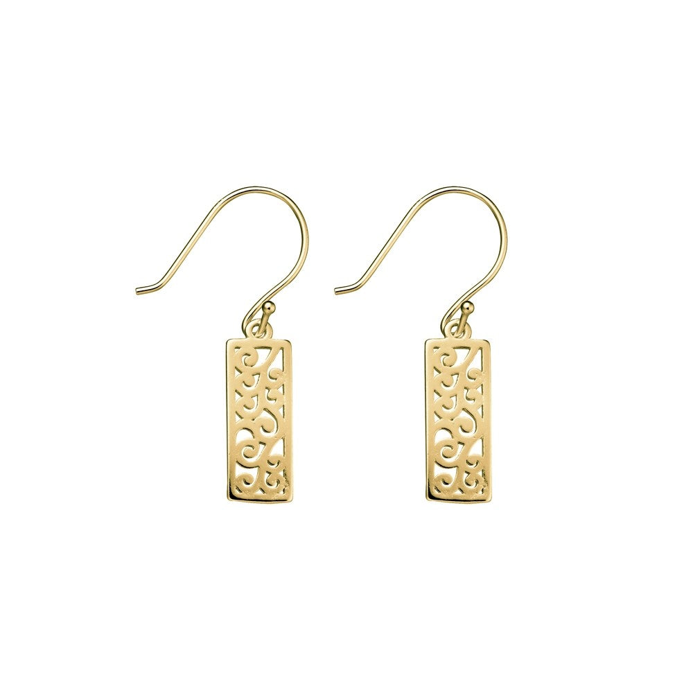 Yellow Gold Plated Rectangle Filigree Drop Earrings