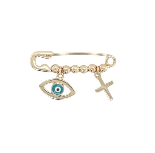 9ct Yellow Gold Evil Eye and Cross Safety Pin