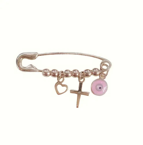 9ct Yellow Gold Pink Evil Eye, Cross and Heart Safety Pin