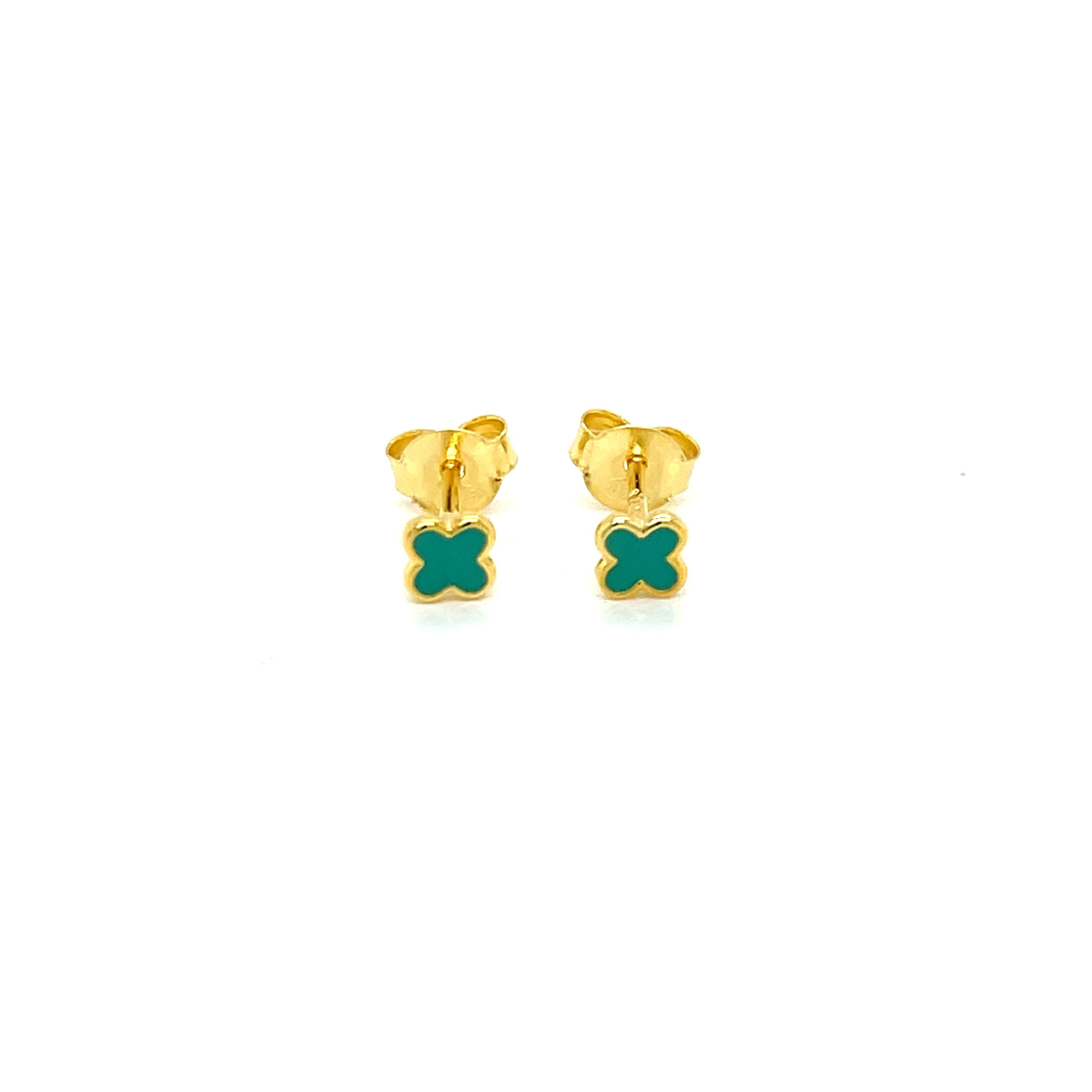 Gold Plated Petite Green Enamel Flower Stud Earrings