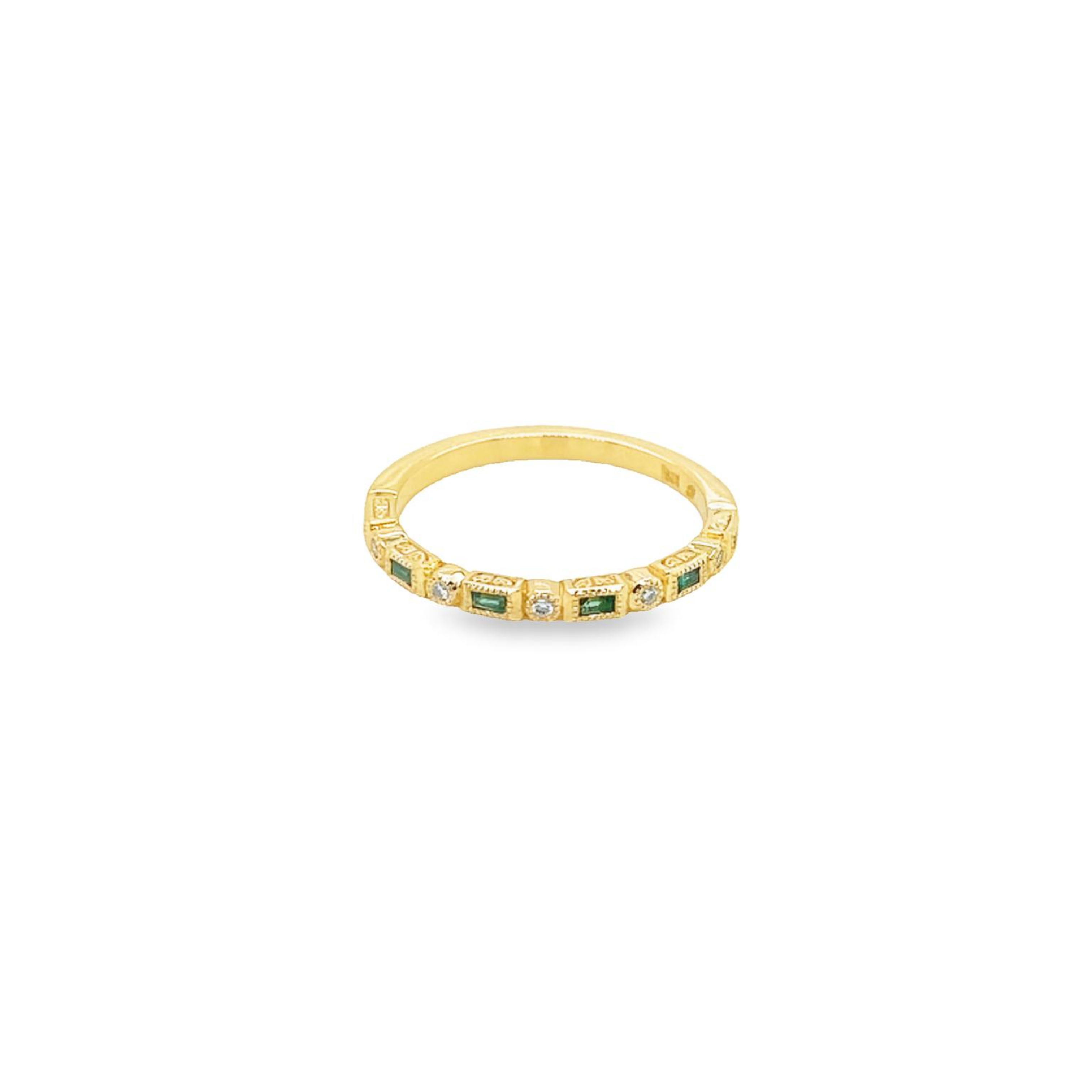 9ct Yellow Gold Diamond and Natural Emerald Antique Style Ring