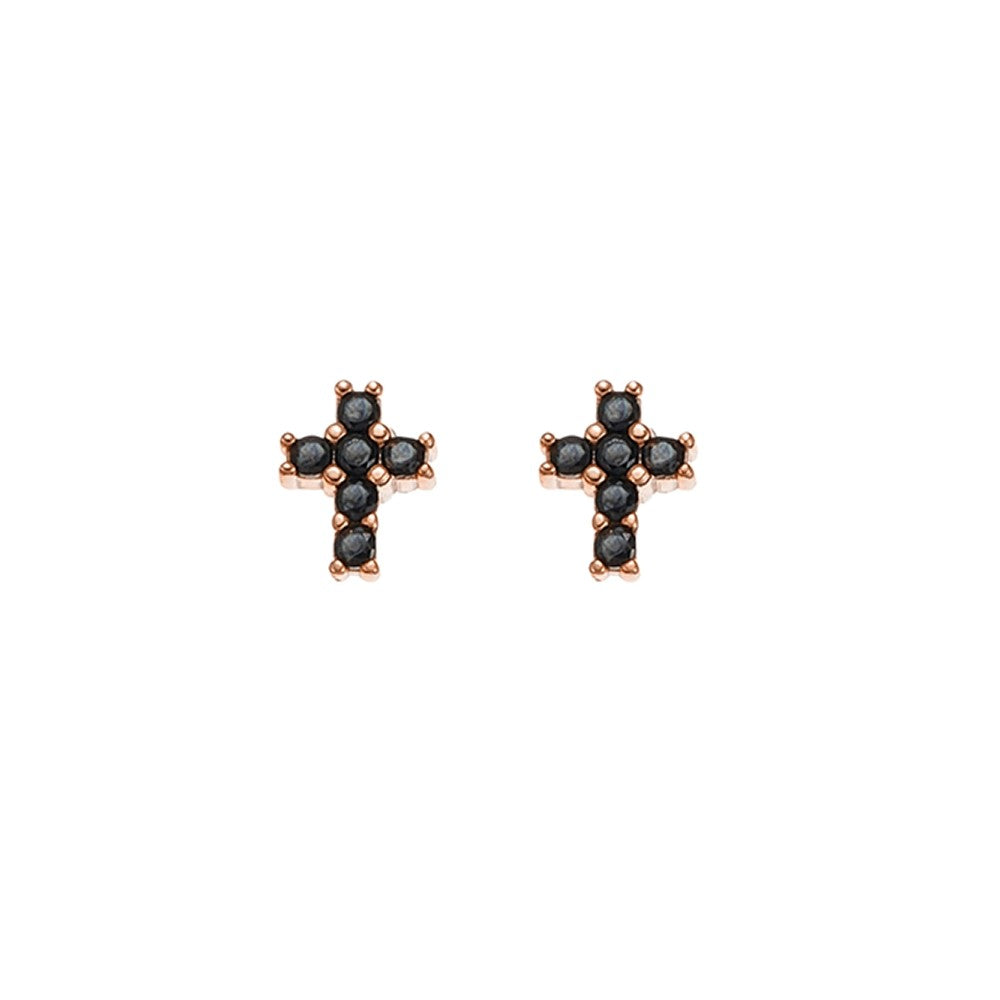 Rose Gold Black CZ Cross Stud Earrings