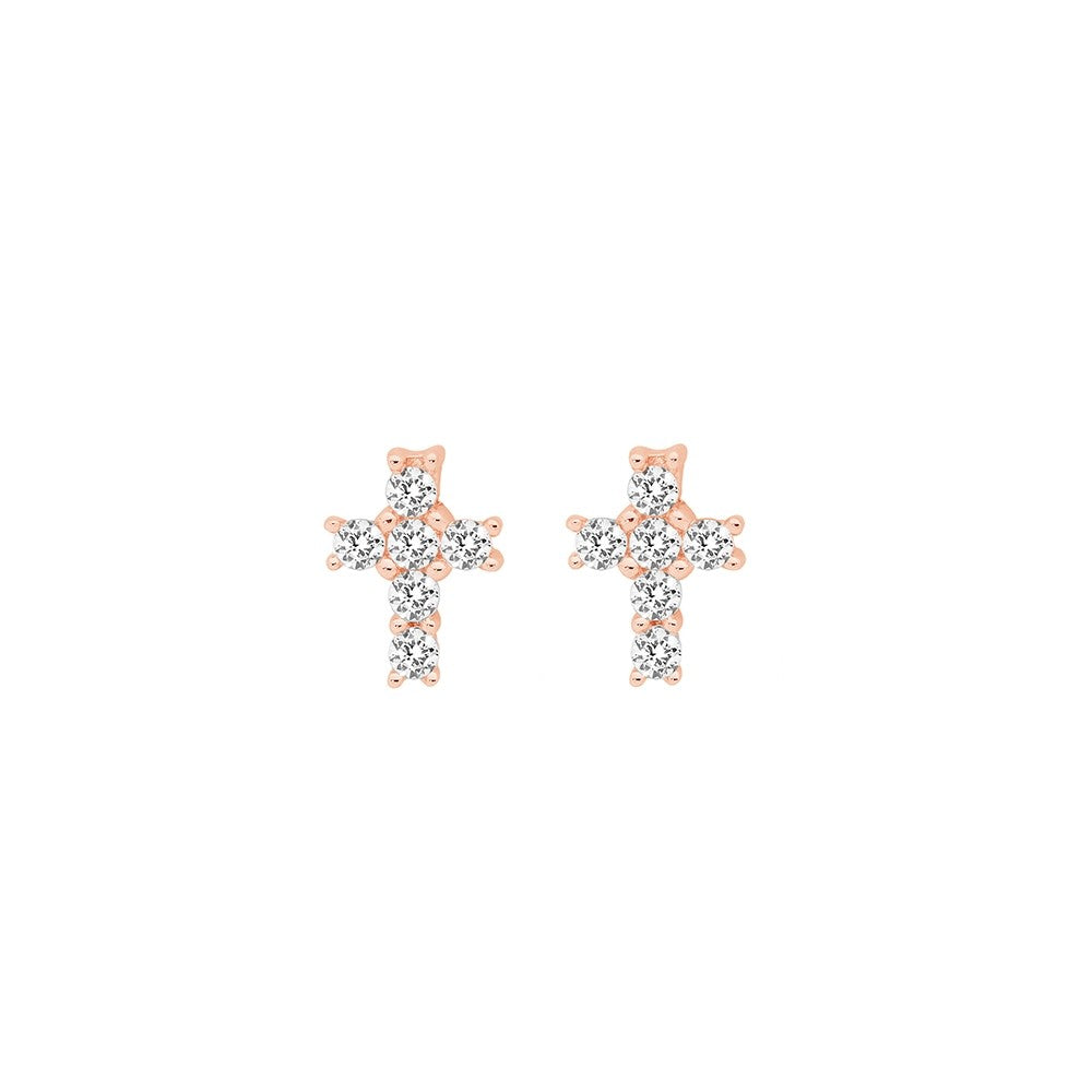 Rose Gold Claw Set Cz Cross Stud Earrings