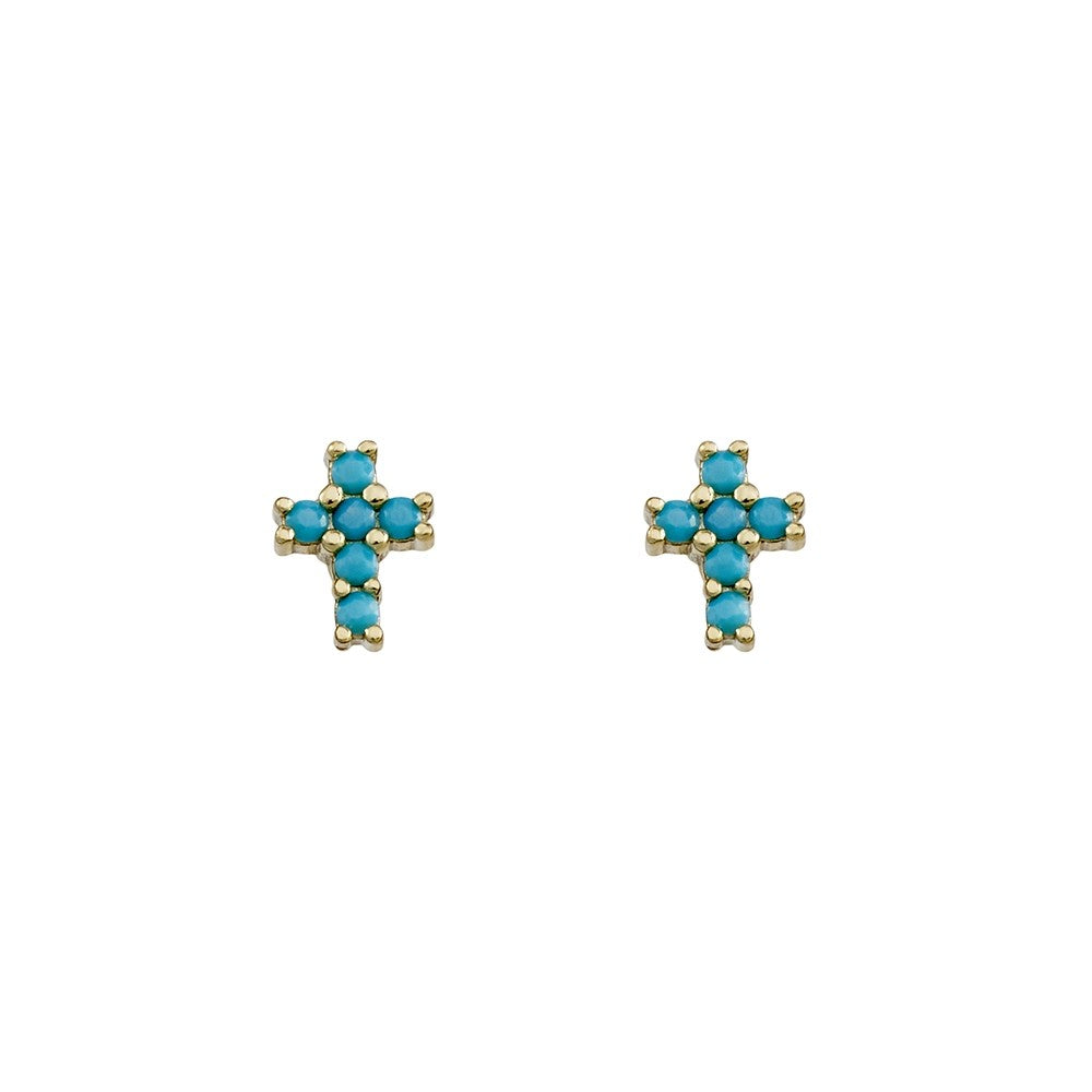 Yellow Gold Plated Claw Set Turquoise Cross Studs