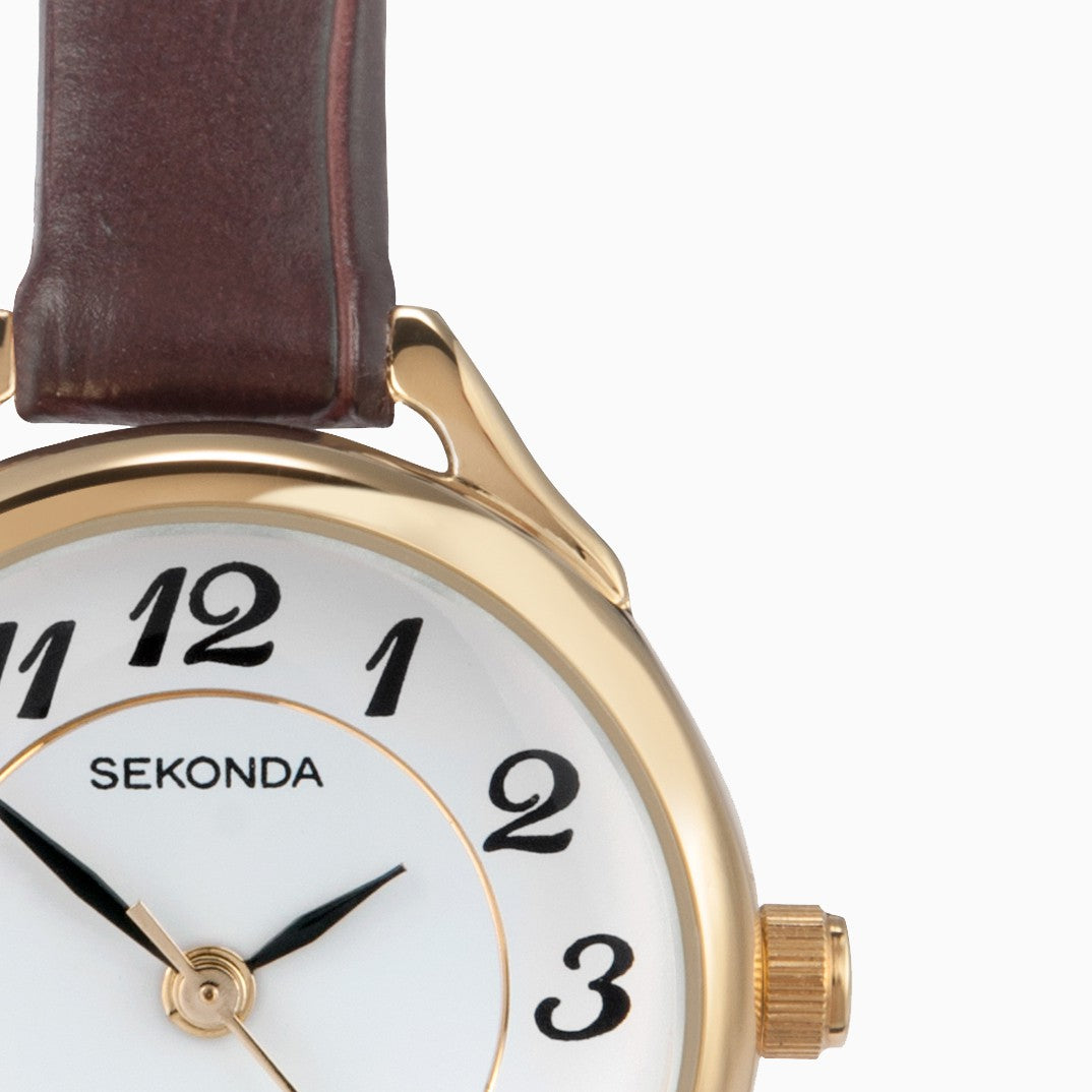 Sekonda Ladies Watch Gold Case & Leather Strap with White Dial