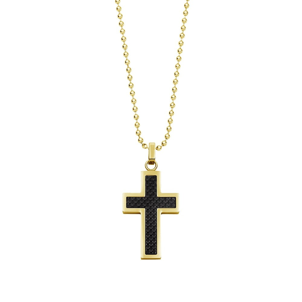 Steel Gold Plated Black Detailed Cross Pendant and Ball Chain